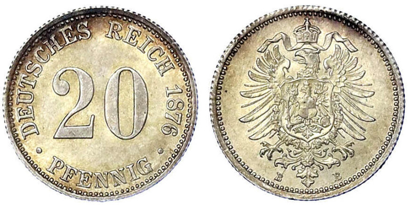 Reichskleinmünzen
20 Pfennig kleiner Adler, Silber 1873-1877
1876 B. fast Stem...