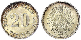 Reichskleinmünzen
20 Pfennig kleiner Adler, Silber 1873-1877
1876 B. fast Stempelglanz, feine Tönung. Jaeger 5.