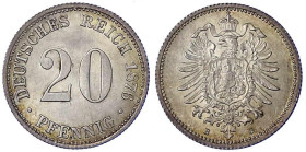 Reichskleinmünzen
20 Pfennig kleiner Adler, Silber 1873-1877
1876 B. fast Stempelglanz, feine Tönung. Jaeger 5.