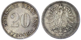 Reichskleinmünzen
20 Pfennig kleiner Adler, Silber 1873-1877
1876 C. fast Stempelglanz, feine Tönung. Jaeger 5.