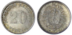 Reichskleinmünzen
20 Pfennig kleiner Adler, Silber 1873-1877
1876 D. Stempelglanz, Prachtexemplar. Jaeger 5.