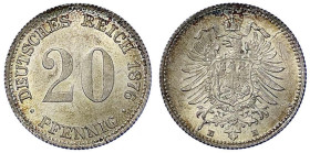 Reichskleinmünzen
20 Pfennig kleiner Adler, Silber 1873-1877
1876 E. fast Stempelglanz, Prachtexemplar. Jaeger 5.