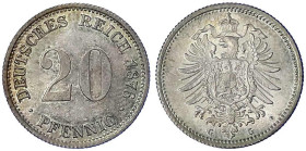 Reichskleinmünzen
20 Pfennig kleiner Adler, Silber 1873-1877
1876 G. fast Stempelglanz, schöne Tönung. Jaeger 5.