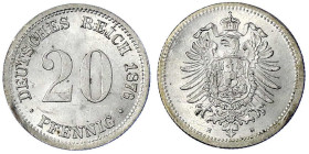 Reichskleinmünzen
20 Pfennig kleiner Adler, Silber 1873-1877
1876 H. fast Stempelglanz, Prachtexemplar, sehr selten in dieser Erhaltung. Jaeger 5.