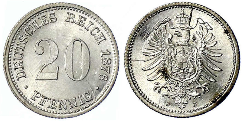 Reichskleinmünzen
20 Pfennig kleiner Adler, Silber 1873-1877
1876 J. fast Stem...