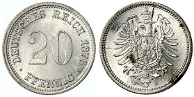Reichskleinmünzen
20 Pfennig kleiner Adler, Silber 1873-1877
1876 J. fast Stempelglanz, kl. Kratzer. Jaeger 5.