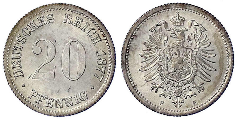 Reichskleinmünzen
20 Pfennig kleiner Adler, Silber 1873-1877
1877 F. fast Stem...