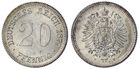 Reichskleinmünzen
20 Pfennig kleiner Adler, Silber 1873-1877
1877 F. fast Stempelglanz, Prachtexemplar. Jaeger 5.