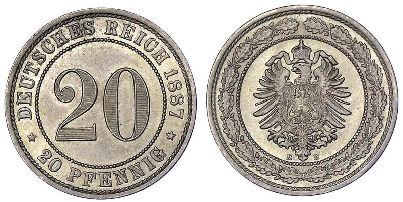 Reichskleinmünzen
20 Pfennig kleiner Adler, Nickel 1887-1888
1887 E. Stempelgl...