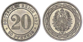 Reichskleinmünzen
20 Pfennig kleiner Adler, Nickel 1887-1888
1887 E. Stempelglanz, Prachtexemplar mit feiner Tönung. Jaeger 6.