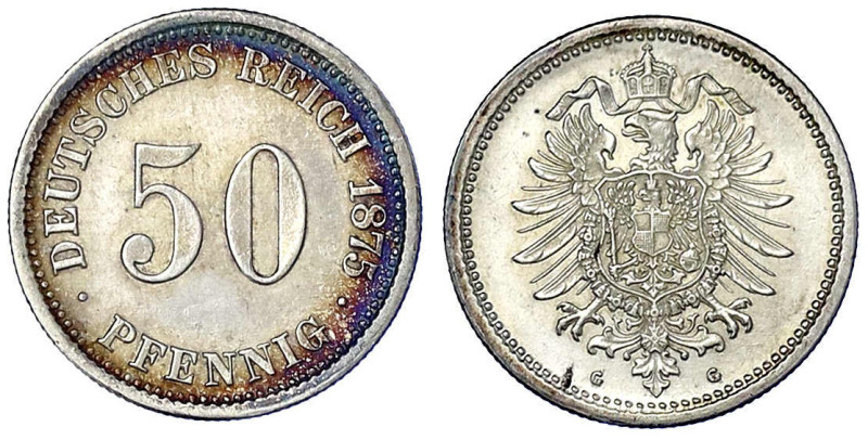 Reichskleinmünzen
50 Pfennig kleiner Adler, Silber 1875-1877
1875 G. vorzüglic...