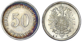 Reichskleinmünzen
50 Pfennig kleiner Adler, Silber 1875-1877
1875 G. vorzüglich/Stempelglanz aus EA, feine Patina. Jaeger 7.