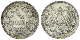 Reichskleinmünzen
1/2 Mark gr. Adler Eichenzweige, Silber 1905-1919
1905 D. Stempelglanz, Prachtexemplar mit herrlicher Patina. Jaeger 16.