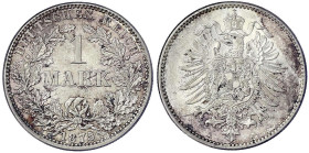 Reichskleinmünzen
1 Mark kleiner Adler, Silber 1873-1887
1875 A. fast Stempelglanz, Prachtexemplar, Patina. Jaeger 9.
