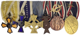 Orden und Ehrenzeichen
Deutschland
Deutsche Länder, bis 1918
Sechser-Ordenspange: Somme-Kreuz, Champagne-Kreuz, Kreuz der österr. Ehrenlegion, Kreu...