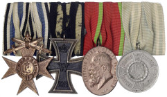 Orden und Ehrenzeichen
Deutschland
Deutsche Länder, bis 1918
Vierer-Ordenspange: Bayern MVK III. Klasse mit Schwertern, EK II 1914, Bayern Luitpold...