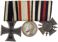 Orden und Ehrenzeichen
Deutschland
Deutsche Länder, bis 1918
Dreier-Ordenspange: EK II 1914, Hessen Tapferkeitsmedaille, Ehrenkr. f. Fr. vorzüglich...