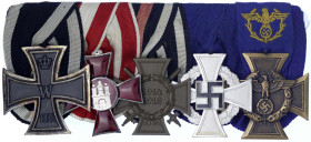 Orden und Ehrenzeichen
Deutschland
Drittes Reich, 1933-1945
Fünfer-Ordenspange: EK II 1914, Hamburg Hanseatenkreuz, Ehrenkr. f. Fr., Treudienstehre...