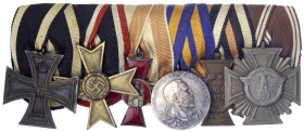 Orden und Ehrenzeichen
Deutschland
Drittes Reich, 1933-1945
Sechser-Ordenspange: EK II 1914, KVK II, Hamburg Hanseatenkreuz, Schwarzburg-Sondershau...