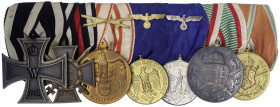 Orden und Ehrenzeichen
Deutschland
Drittes Reich, 1933-1945
Siebener-Ordenspange: EK II 1914, Ehrenkr. f. Fr., KV-Med. Österreich, Wehrmacht-DA 12 ...