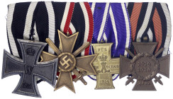 Orden und Ehrenzeichen
Deutschland
Drittes Reich, 1933-1945
Vierer-Ordenspange: EK II 1914, KVK II mit Schwertern, Schaumburg-Lippe Kreuz für treue...