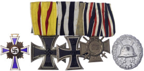 Orden und Ehrenzeichen
Lots
Deutschland
Dreier-Ordensspange: eine Ausz. fehlt, dann EK II 1914, Ehrenkr. f. Fr. Dazu: EK II 1939, Mutterkreuz in Br...
