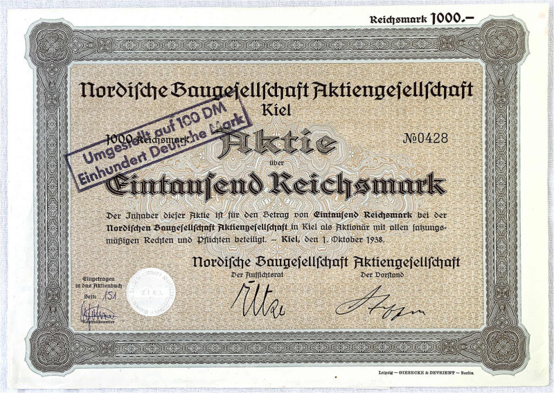 Varia
Historische Wertpapiere
Deutschland
Aktie über 1000 Reichsmark, Kiel 1....