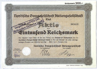 Varia
Historische Wertpapiere
Deutschland
Aktie über 1000 Reichsmark, Kiel 1. Okt. 1938. Nordische Baugesellschaft AG. Mit Umstellungsstempel auf 1...
