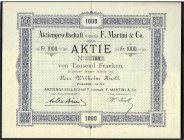 Varia
Historische Wertpapiere
Schweiz
Aktie über 1000 Franken, Frauenfeld, 1. Juli 1897. Aktiengesellschaft vormals F. Martini & Co. Inhaber der Ak...