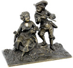 Varia
Skulpturen und Plastiken
Neobarocke Bronzeskulptur um 1880/1900. Sitzende Sängerin und stehender Flötenspieler. Höhe 13 cm, Breite 17 cm, Tief...