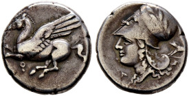Korinthia. Korinthos 
Stater ca. 375-300 v. Chr. Pegasos nach links, darunter Koppa / Athenakopf mit korinthischem Helm nach links. Beizeichen links ...