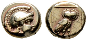 Lesbos. Mytilene 
EL-Hekte 377-326 v. Chr. Kopf der Athena mit Helm nach rechts / Eule steht nach rechts in einem Linienquadrat. Bodenstedt 105. 2,55...
