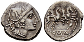 Römische Republik. Anonym nach 211 v. Chr 
"Eule"-Denar 194-190 v. Chr. -Rom. Romakopf mit Flügelhelm nach rechts, dahinter Wertzeichen X / Dioskuren...
