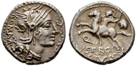 Römische Republik. M. Sergius Silus 116 oder 115 v. Chr 
Denar -Rom-. Romakopf mit Flügelhelm nach rechts, dahinter ROMA und Wertzeichen X, davor EX ...