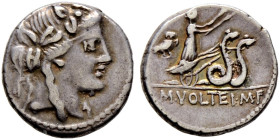 Römische Republik. M. Volteius M.f. 78 v. Chr 
Denar -Rom-. Kopf des Liber mit Efeukranz nach rechts / Ceres mit brennenden Fackeln in Schlangenbiga ...