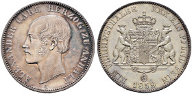 Anhalt-Bernburg. Alexander Carl 1834-1863 
Vereinstaler 1859 A. AKS 14, J. 72, Thun 5, Kahnt 5. feine Patina, fast Stempelglanz