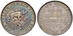 Anhalt-Bernburg. Alexander Carl 1834-1863 
Ausbeutetaler 1862 A. AKS 17, J. 73, Thun 6, Kahnt 6. feine Patina, vorzüglich-Stempelglanz