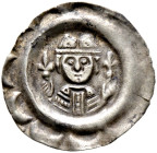 Augsburg, Bistum. Hartwig II. von Hirnheim 1202-1208 
Brakteat. Mitriertes Brustbild des Bischofs mit je einer Lilie in den Händen. Wulstreif mit elf...