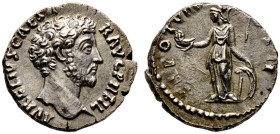 Kaiserzeit. Marcus Aurelius Caesar 138-161 
Denar 154/155 -Rom-. AVRELIVS CAESAR AVG PII FIL. Bloße Büste nach rechts / TR POT VIII COS II. Minerva m...