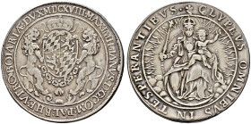 Bayern. Maximilian I. als Herzog 1598-1623 
Madonnen-Schraubtaler 1618 -München-. Gekrönter Wappenschild mit zwei Löwen als Halter / Madonna mit Kind...