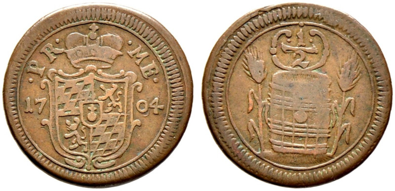 Bayern. Maximilian II. Emanuel 1679-1726 
Cu-Marke zu 1/2 Fass 1704 des Kurfürs...