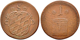 Bayern. Maximilian II. Emanuel 1679-1726 
Cu-Marke zu 1 Fass o.J. des "Kurfürstlichen Saliter-Depots"(?). Bayerisches Wappen zwischen C-D oben S zwis...