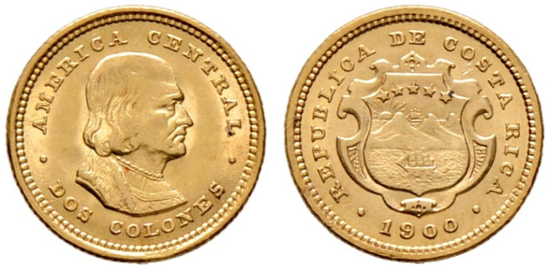 Costa Rica. 
2 Colones 1900. Büste von Columbus nach rechts / Staatswappen. KM ...