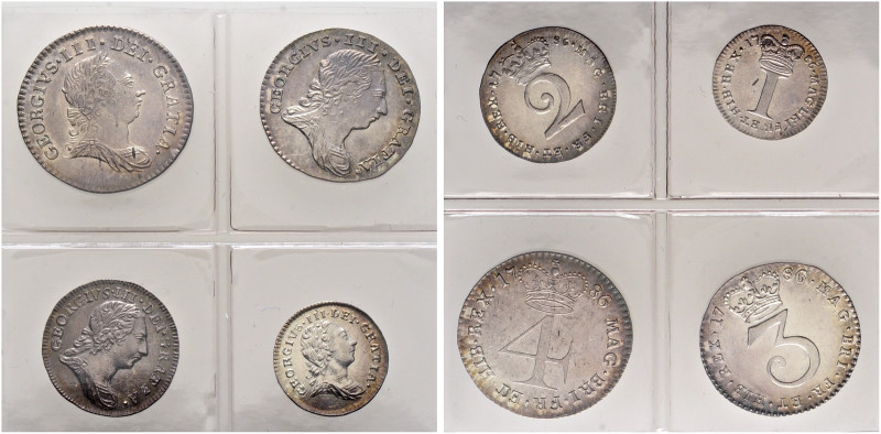 Großbritannien. George III. 1760-1820 
Maundy Set 1786 (4,3,2,1 d). Spink 3762....