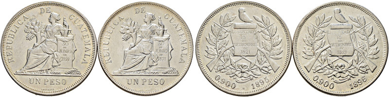 Guatemala. 
Lot (2 Stücke): Peso 1895 -Heaton (H)- und 1896 -ohne Mzz.-. KM 210...