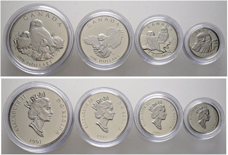 Kanada. 
4-tlg. Münzensatz aus PLATIN "Platinum Snowy Owl Set" 1991. "Canadian ...