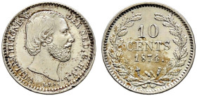 Niederlande-Königreich. Willem III. 1849-1890 
10 Cents 1874 -Utrecht-. Münzzeichen Schwert. KM 80, Schulman 652. sehr selten-besonders in dieser Erh...