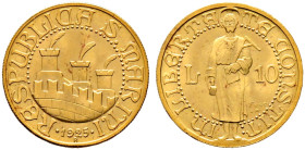 San Marino. 
10 Lire 1925 -Rom-. Fr. 2, Schl. 2, Pagani 349. 3,24 g vorzüglich-prägefrisch