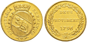 Schweiz-Bern. 
Duplone 1796. Das mit zwei Girlanden verzierte, gekrönte Wappen / "DEUS/PROVIDEBIT/1796" in einem Eichenlaubkranz. Mit schrägem Kerbra...