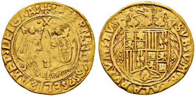 Spanien. Ferdinand und Isabel 1474-1504 
Doppelte Excelente o.J. -Sevilla-. Beide gekrönte Brustbilder einander gegenüber, oben Beizeichen X, unten M...